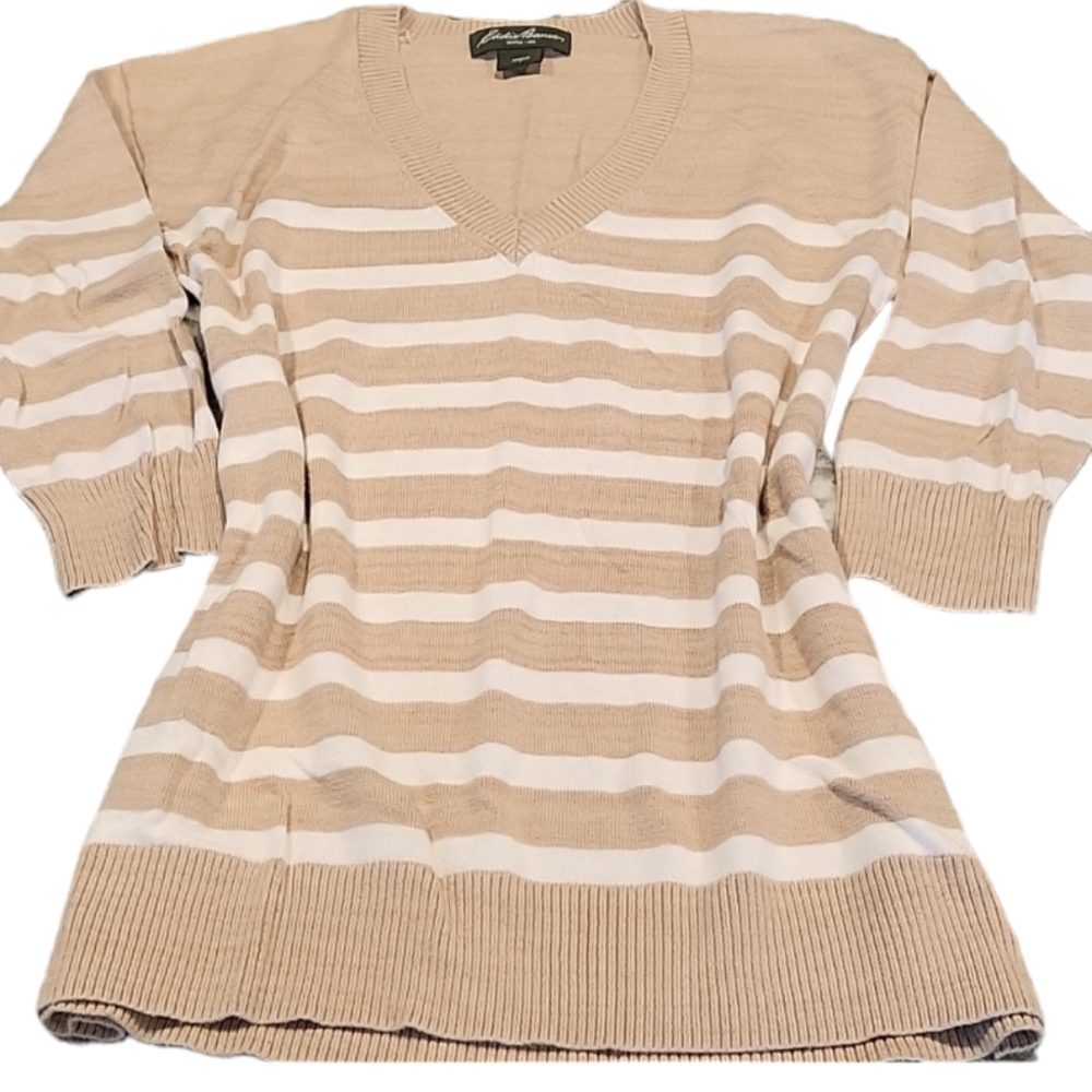 Eddie Bauer 100% cotton V neck beige & White striped sweater w/ quarter sleeves